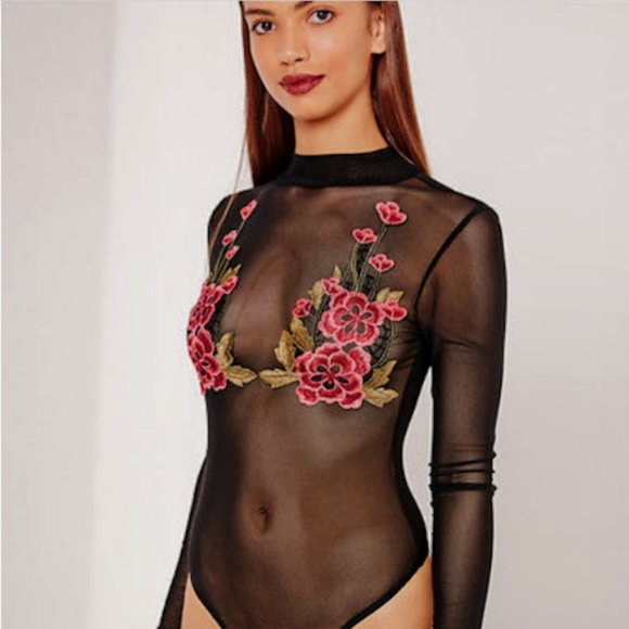 Tops - Black mesh mock neck floral embroidered bodysuit